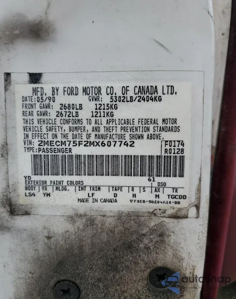 1991 Mercury Grand Marquis Ls from USA, damaged, VIN 2MECM75F2MX607742